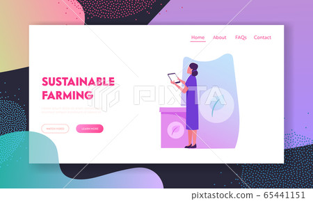 Hydroponics Smart Garden Website Landing Page. Farmer Holding Tablet Stand at Sack of Plants Seeds Working at Greenhouse Hydroponics Smart Garden Website Landing Page. Farmer Holding Tablet Stand at Sack of Plants Seeds Working at Greenhouse 65441151