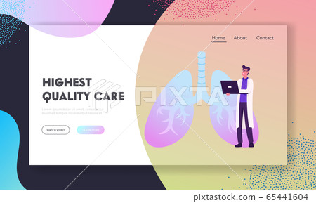 Pulmonology Website Landing Page. Doctor Working on Laptop Watching Lungs X-rays Image on Computer Screen 65441604