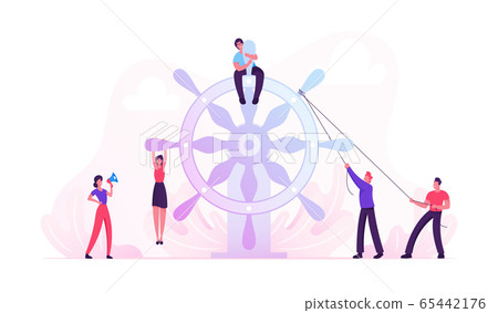 Team Work Concept. Group of Businesspeople Trying to Move Huge Steering Wheel under Management of Businesswoman with Loudspeaker, Man with Laptop Sitting on Top. Cartoon Flat Vector Illustration 65442176