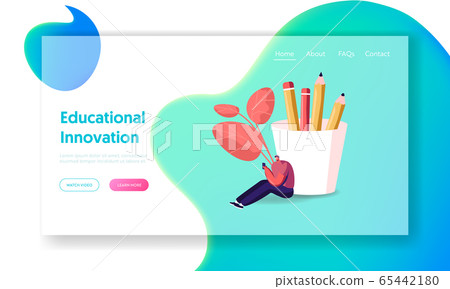 Young Man Study Foreign Language Landing Page Template. Tiny Male Character with Smartphone Sit at Huge Pencil Box 65442180