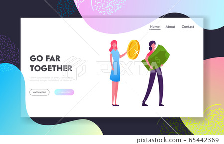 Financial Profit Salary Wealth Website Landing Page. Woman Stand in Queue Holding Huge Golden Coin and Banknote. Characters with Money Cash Shopping Web Page Banner. Cartoon Flat Vector Illustration 65442369