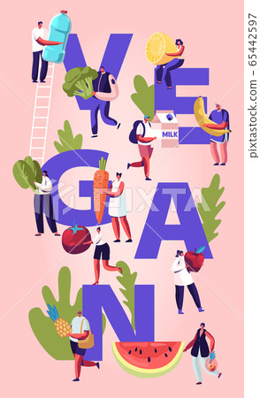 Vegan Food Concept. Tiny Men and Women Characters with Ripe Fruits and Vegetables, Vegetarian Diet, Healthy Fortified Nutrition Superfood Poster Banner Flyer Brochure. Cartoon Flat Vector Illustration 65442597