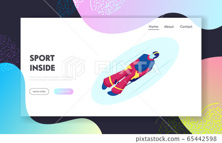 Skeleton Sport Website Landing Page. Athlete Lying on Sleigh Face Up Descend on Ice Track Sportsman Riding Sled Take Part in Olympic Game Winter Sports Web Page Banner Cartoon Flat Vector Illustration 65442598