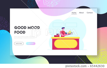 Staff Invite Customer to Try Fresh Fastfood Meal Website Landing Page. Young Salesman Holding Tray with Fast Food Staff Invite Customer to Try Fresh Fastfood Meal Website Landing Page. Young Salesman Holding Tray with Fast Food 65442630