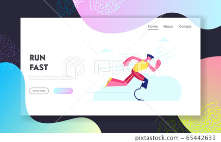 Disabled Athlete Run Training Website Landing Page. Sportsman with Bionic Leg Prosthesis Jogging Recovery Exercise. Young Amputee Man Running Outdoors Web Page Banner. Cartoon Flat Vector Illustration 65442631