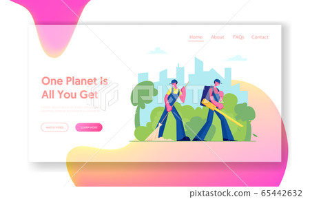 Autumn Cleaning Service Activity Website Landing Page. Janitors Sweeping Lawn and Blowing Out Fallen Colorful Leaves in City Park Landscape Background Web Page Banner. Cartoon Flat Vector Illustration 65442632