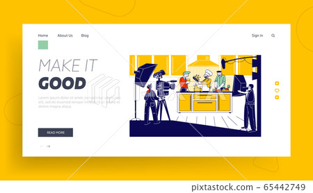 Culinary Program, Show or Blog Broadcasting Landing Page Template. Man in Chef Uniform Cooking Dish on Kitchen Culinary Program, Show or Blog Broadcasting Landing Page Template. Man in Chef Uniform Cooking Dish on Kitchen 65442749