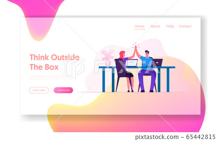 Business Deal Triumph Success Website Landing Page. Colleagues Couple Sitting at Desk Giving Highfive to Each Other after Goal Achievement and Support Web Page Banner. Cartoon Flat Vector Illustration 65442815