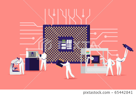 Manufacture of Semiconductors Process. Manufacturing Facility Team of Scientist Characters in Protective Coverall 65442841