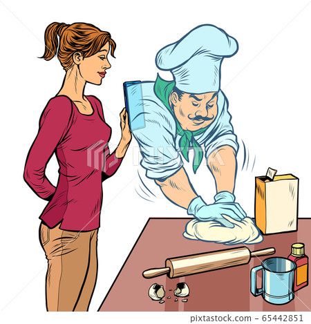 A woman cooks in the kitchen. A professional cook helps her through the cooking app A woman cooks in the kitchen. A professional cook helps her through the cooking app 65442851