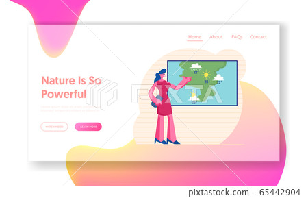 Television Anchorwoman Forecast Weather at Studio Website Landing Page. Woman Meteorologist Forecasting Sunny and Rainy Summer Days in Tv News Web Page Banner. Cartoon Flat Vector Illustration 65442904