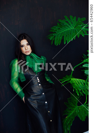 Beautiful fashionable oriental brunette woman in black green dress 65442960