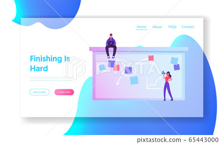 Office Workers Website Landing Page. Woman Put Sticky Notes on Timetable, Man with Laptop Sitting on Top. Businesspeople Planning Work and Events Web Page Banner. Cartoon Flat Vector Illustration 65443000