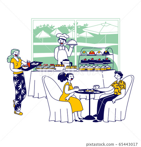Hotel Staff Serving Breakfast, People Eating in Hotel Restaurant. Chef Character Stand at Table with Meals for Guests 65443017