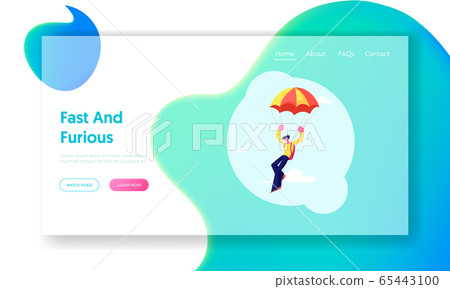 Extreme Skydiving Sports Activity Website Landing Page. Happy Man Jumping with Parachute Having Outdoors Recreation and Fun, Risk and Adrenaline Sport Web Page Banner. Cartoon Flat Vector Illustration 65443100