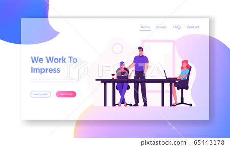 Businesspeople Work in Company, Teamwork Website Landing Page. Business Team Sitting at Office Desk with Laptops Working in Studio. Office Employees Web Page Banner. Cartoon Flat Vector Illustration Businesspeople Work in Company, Teamwork Website Landing Page. Business Team Sitting at Office Desk with Laptops Working in Studio. Office Employees Web Page Banner. Cartoon Flat Vector Illustration 65443178