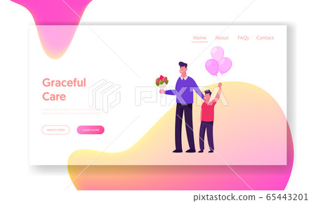 Happy Young Father with Flowers and Son with Balloons Stand Meeting Mother and Newborn Baby from Chamber of Maternity in Clinic. Website Landing Page, Web Banner. Cartoon Flat Vector Illustration 65443201