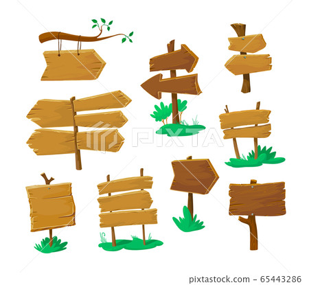Set of Old Wooden Blank Signboards Isolated on White Background. Arrow Boards Road Pointers and Planks 65443286