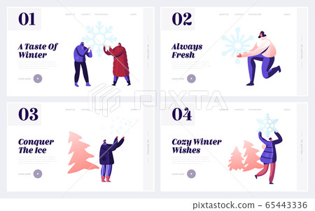 Wintertime Activities, Fun and Family Spare Time Website Landing Page Set. Happy People Enjoying Winter Season Outdoors Games and Playing with Snow Web Page Banner. Cartoon Flat Vector Illustration 65443336