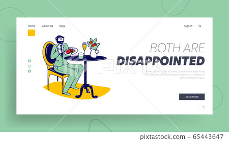 Poor Quality Cafe Hospitality Landing Page. Squeamish Male Character Disappointed with Bad Service in Restaurant 65443647