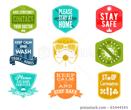 Coronavirus caution badges collection. Covid-2019 stay safe advice labels. Wash hands, wear the mask and other. Stock vector isolated Coronavirus caution badges collection. Covid-2019 stay safe advice labels. Wash hands, wear the mask and other. Stock vector isolated 65444543