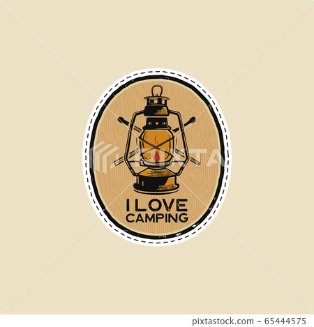 Vintage camp patches logo, mountain badge. Hand drawn sticker design. Travel expedition, backpacking label. Outdoor emblem - I love camping quote. Stock vector. Vintage camp patches logo, mountain badge. Hand drawn sticker design. Travel expedition, backpacking label. Outdoor emblem - I love camping quote. Stock vector. 65444575
