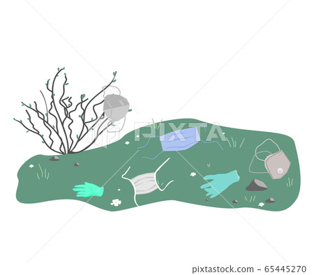 Dirty used medical masks and gloves lying on the ground, grass on background. Coronavirus quarantine as a pollution problem. 65445270