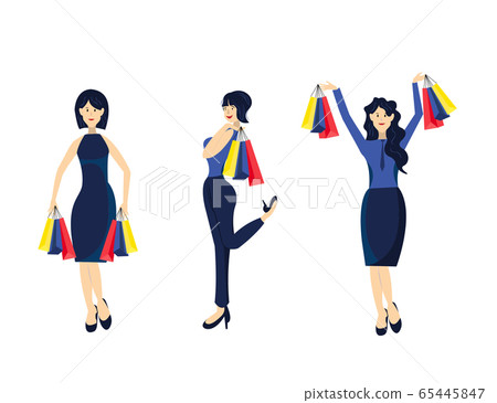 Set of smiling fashion women goes shopping with many packages on white background. 65445847