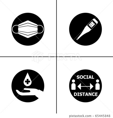Four signs or symbols to protect Coronavirus (CoVID-19), Wear face mask, Clean your hands, Check temperature, Keep distancing. Four signs or symbols to protect Coronavirus (CoVID-19), Wear face mask, Clean your hands, Check temperature, Keep distancing. 65445848