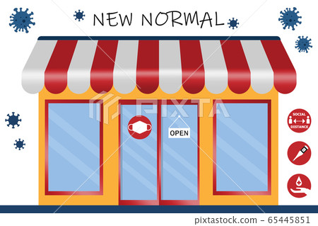 NEW NORMAL AFTER COVID CONCEPT : The shops open with four signs, wear face mask, clean your hands, check temperature, keep distancing. For protect Coronavirus (CoVID-19). 65445851