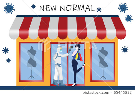 New normal after COVID-19 pandemic concept. People wear sanitary mask and face shield walking in the automatic EM disinfection door in a shop to prevention from disease outbreak. 65445852