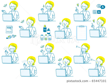 Receptionist young woman white coat facial expression set 65447101