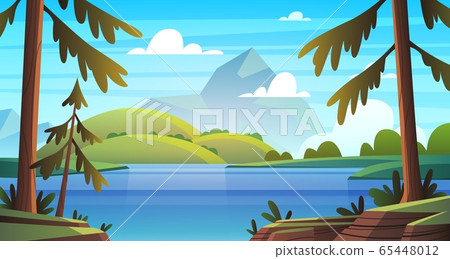 Summer sea landscape. Ocean seashore panorama, bay with vegetation and pine-trees, summer nature cartoon vector background 65448012