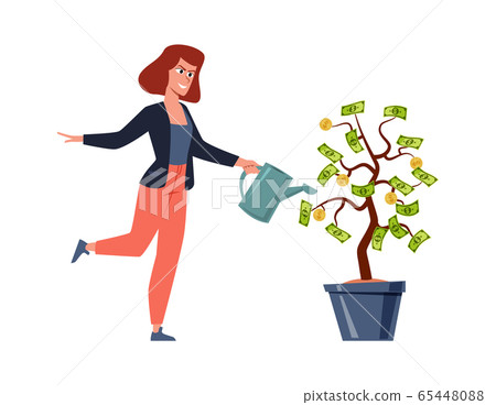 Woman and money tree. Rich person with investement business vector finance revenue concept Woman and money tree. Rich person with investement business vector finance revenue concept 65448088