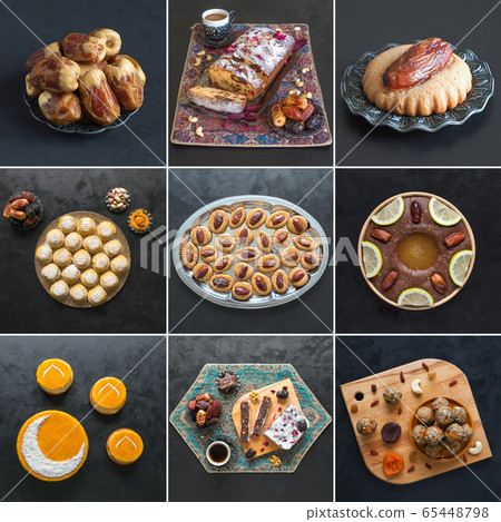 Food collage with  Arabic sweets made from dates  65448798