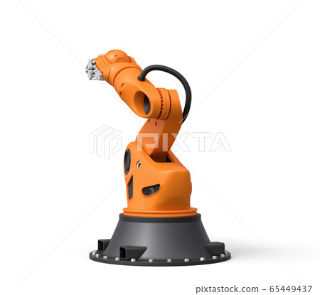 3d rendering of orange robotic arm with grey gripper standing on white background. 3d rendering of orange robotic arm with grey gripper standing on white background. 65449437