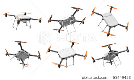 3d rendering of a set of 6 drones with cameras, shown from different angles on white background. 65449438