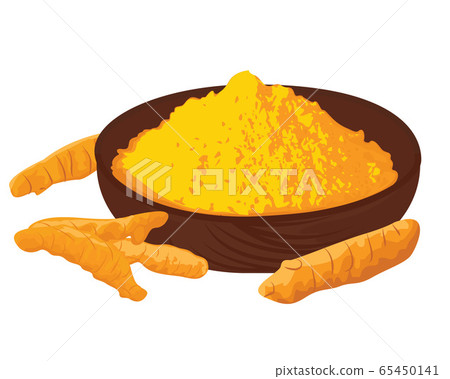 Turmeric roots and powder in a bowl on a white background Turmeric roots and powder in a bowl on a white background 65450141