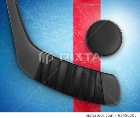 Hockey black stick and puck on ice 65450203