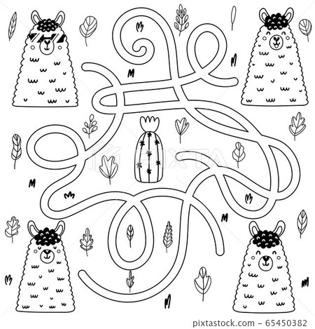 Which llama comes to the cactus. Black and white maze game 65450382