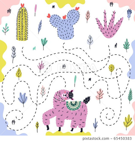 Bright maze game for kids with a funny llama 65450383