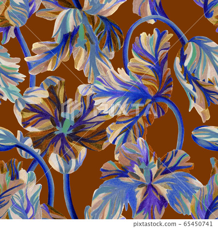 Floral seamless pattern. Bright botanical illustration with blooming flowers and tulips. Pencil drawing. Floral seamless pattern. Bright botanical illustration with blooming flowers and tulips. Pencil drawing. 65450741