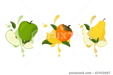 Set of fresh fruits with splashes. Persimmon, apple and pear with green leaves. 65450897