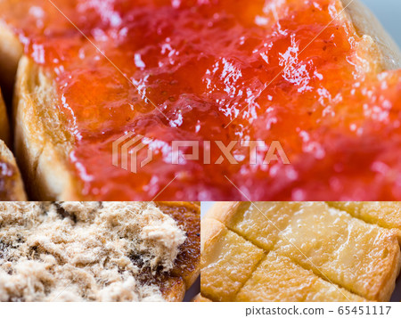 Closeup delicious toasts with various 65451117