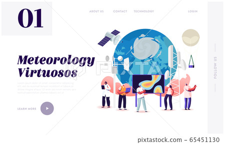 Meteorology Landing Page Template. Tiny Characters around of Huge Earth Globe. Workers Set Up Equipment 65451130