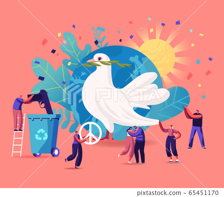 International Day of Peace Concept. Tiny Male and Female Characters Hugging, Throw Out Gun to Litter Bin International Day of Peace Concept. Tiny Male and Female Characters Hugging, Throw Out Gun to Litter Bin 65451170