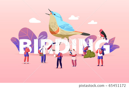 Birding Concept. Group of Friends Characters Camping and Hiking Using Binoculars Watching Bird Birding Concept. Group of Friends Characters Camping and Hiking Using Binoculars Watching Bird 65451172