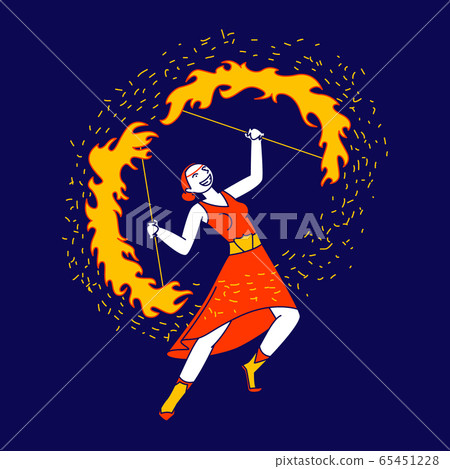 Young Woman Character Fire Show Performer Wearing Red Dress Spinning Burning Flame in Hands on Circus Arena 65451228
