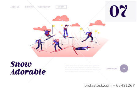 Biathlon Competition Website Landing Page. Competitors Standing on Shooting Range Aiming to Target, Shooting Hunting and Riding Skis on Rout with Flags Web Page Banner Cartoon Flat Vector Illustration 65451267