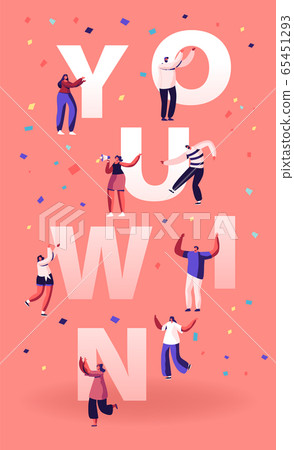 You Win Concept. Cheerful People Laughing Dancing and Celebrating with Hands Up. Employees Rejoice for New Project Success and Victory Poster Banner Flyer Brochure. Cartoon Flat Vector Illustration 65451293
